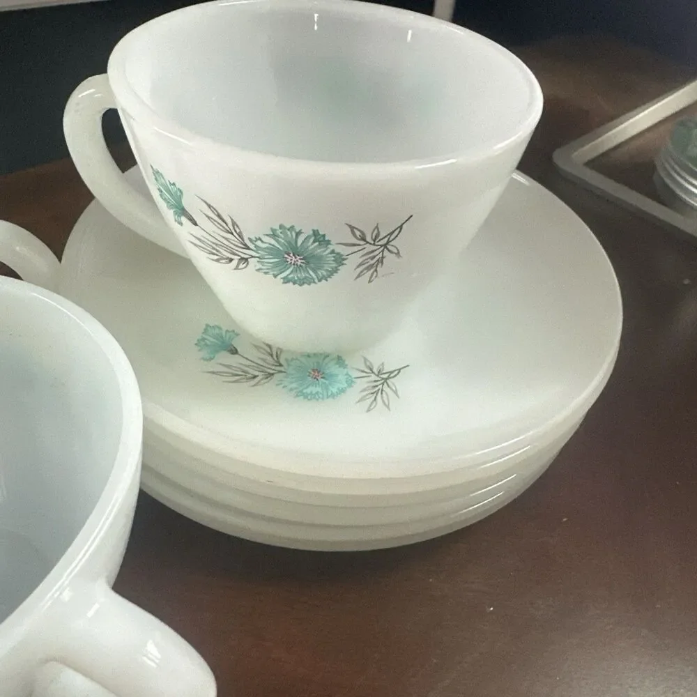 6 sets Vtg Anchor Hocking Fire King Milk Glass Bonnie Blue Flower Cup Saucer